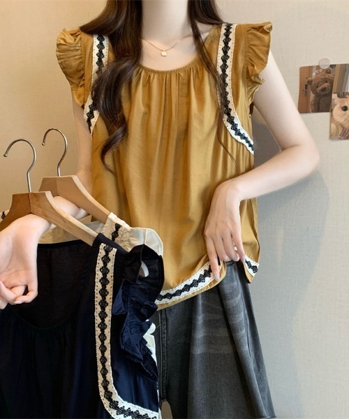 AMAJI（アマジ）の「フレンチスリーブ切替 ノースリーブブラウス（シャツ/ブラウス・レディース・イエロー/ネイビー/ベージュ・FREE）」の5枚目の写真
