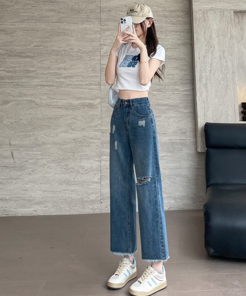 LUCPY（ラクピー）の「ダメージストレートデニムパンツ（デニムスカート・レディース・ブルー・LARGE/MEDIUM/SMALL/X-SMALL）」の2枚目の写真
