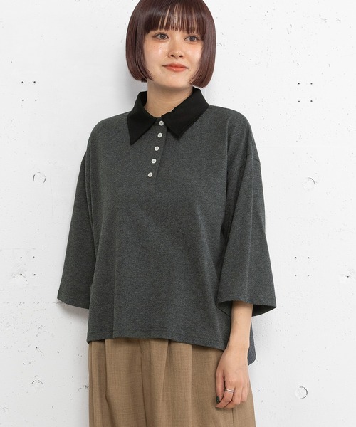 POU DOU DOU(プードゥドゥ)の「並びボタンポロトップス(Tシャツ/カットソー・レディース・レッド/オートミール/ダークグレー・3)」の4枚目の写真