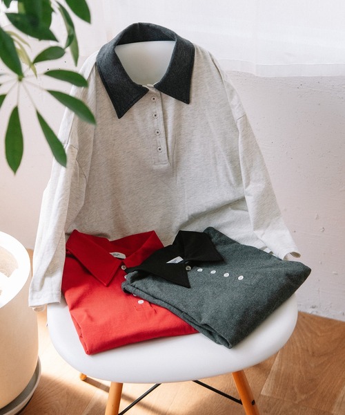 POU DOU DOU(プードゥドゥ)の「並びボタンポロトップス(Tシャツ/カットソー・レディース・レッド/オートミール/ダークグレー・3)」の9枚目の写真