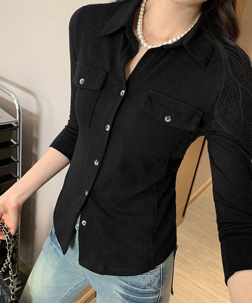 Girly Doll(ガーリードール)の「レギュラーカラーフラップデザインスリムシャツ(Tシャツ/カットソー・レディース・キャメル/オフホワイト/ブラック・FREE)」の16枚目の写真