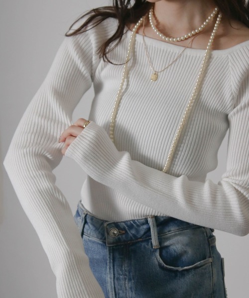 NYLAUS(ナイラス)の「【SG】デコルテリブトップス 長袖(Tシャツ/カットソー・レディース・オフホワイト/ネイビー/ブラック/グレー・M)」の1枚目の写真