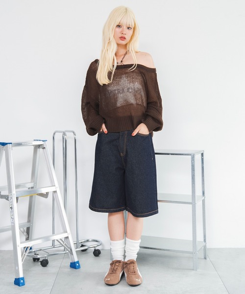 WEGO（ウィゴー）の「WEGO/【26年秋冬新作】モヘアタッチワンショルショートニット（ニット/セーター・レディース・グレー/ブラウン/ライトピンク/グリーン系その他・FREE）」の6枚目の写真