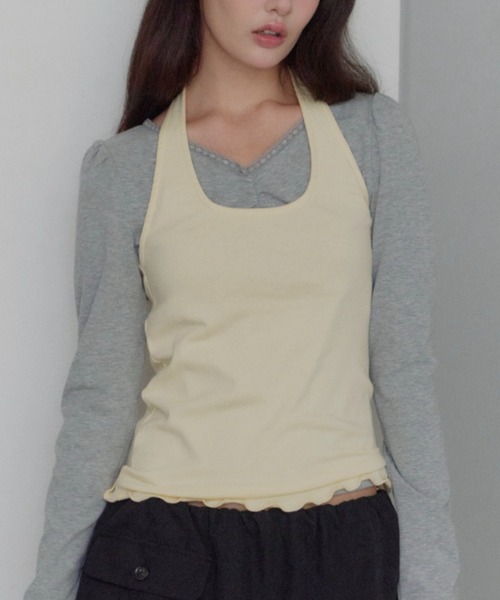 GIUNON(ジウノン)の「hem mellow holter neck tops / ヘムメロウホルターネックトップス(Tシャツ/カットソー・レディース・イエロー/ミント/ブラック/レッド/グレー・FREE)」の4枚目の写真