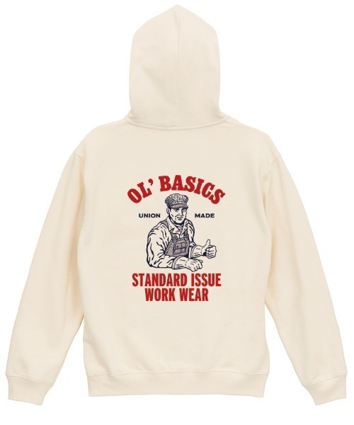 Ol' Basics(オールベーシックス)の「Ol' Basics(オール・ベーシックス) プルパーカー スウェット ワーカーイラスト バックプリント 裏毛 トップス メンズ ユニセックス(パーカー・メンズ・ナチュラル/サックスブルー/アッシュ/ブラック・M/L/XL)」の3枚目の写真