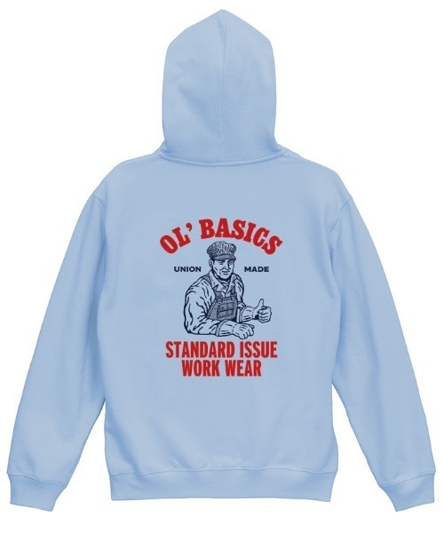 Ol' Basics(オールベーシックス)の「Ol' Basics(オール・ベーシックス) プルパーカー スウェット ワーカーイラスト バックプリント 裏毛 トップス メンズ ユニセックス(パーカー・メンズ・ナチュラル/サックスブルー/アッシュ/ブラック・M/L/XL)」の4枚目の写真