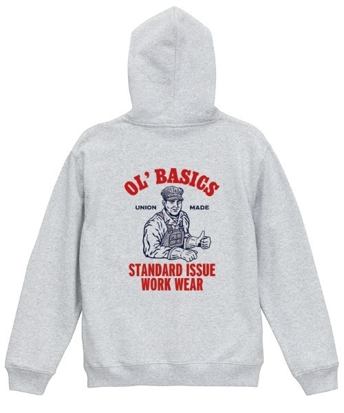 Ol' Basics(オールベーシックス)の「Ol' Basics(オール・ベーシックス) プルパーカー スウェット ワーカーイラスト バックプリント 裏毛 トップス メンズ ユニセックス(パーカー・メンズ・ナチュラル/サックスブルー/アッシュ/ブラック・M/L/XL)」の1枚目の写真