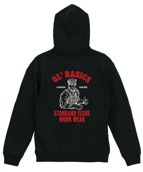 Ol' Basics(オールベーシックス)の「Ol' Basics(オール・ベーシックス) プルパーカー スウェット ワーカーイラスト バックプリント 裏毛 トップス メンズ ユニセックス(パーカー・メンズ・ナチュラル/サックスブルー/アッシュ/ブラック・M/L/XL)」の2枚目の写真