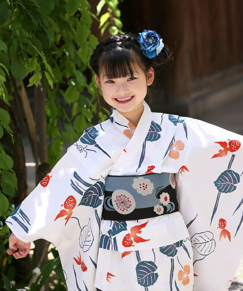 Utatane ウタタネ の キッズ浴衣単品 オレンジと鉄青の水草と金魚 浴衣 Wear