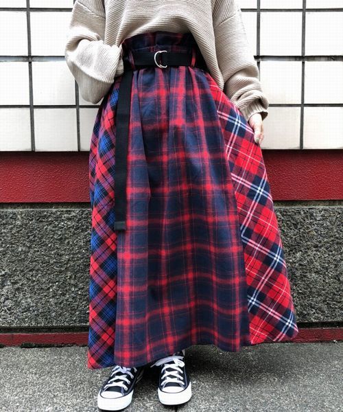 tiptop（ティップトップ）の「ベルト付チェック柄パネル切替ロング丈