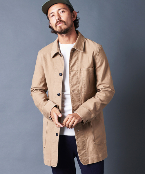 Magine(マージン)の「SULFUR STRETCH BACKSATIN WORK COAT:サルファーストレッチ バックサテン ワークコート(ステンカラーコート)」|ベージュ