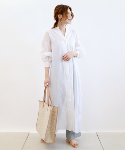 DouDou(ドゥドゥ)の「バックスピンドルシャツワンピース(ワンピース・レディース・オフホワイト/ブルーグリーン・FREE)」の3枚目の写真