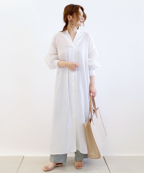 DouDou(ドゥドゥ)の「バックスピンドルシャツワンピース(ワンピース・レディース・オフホワイト/ブルーグリーン・FREE)」の4枚目の写真