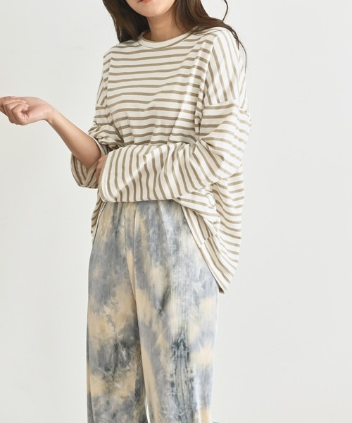 me+em select(ミームセレクト)の「ソフトカラーボーダーTシャツ(Tシャツ/カットソー・レディース・ベージュ/ネイビー/ブラウン/グレー/ピンク/イエロー・FREE)」の20枚目の写真