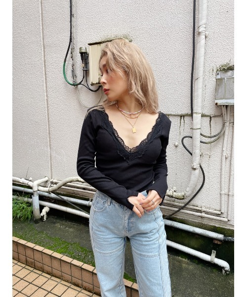 FIG&VIPER（フィグアンドバイパー）の「カップ付きレースリブTOP（Tシャツ/カットソー・レディース・ホワイト/カーキ/ブラック・FREE）」の6枚目の写真