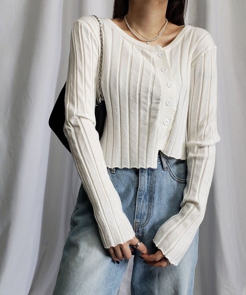 me+em select（ミームセレクト）の「リブニットショートボタンカーディガン（カーディガン/ボレロ・レディース・ホワイト/ブラック/ベージュ/グレー・FREE）」の5枚目の写真