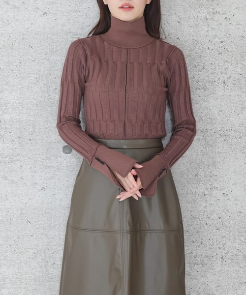 clear（クリア）の「スリットスリーブチェッカーニットトップス（ニット/セーター・レディース・グリーン/マスタード/ブラウン・F）」の2枚目の写真