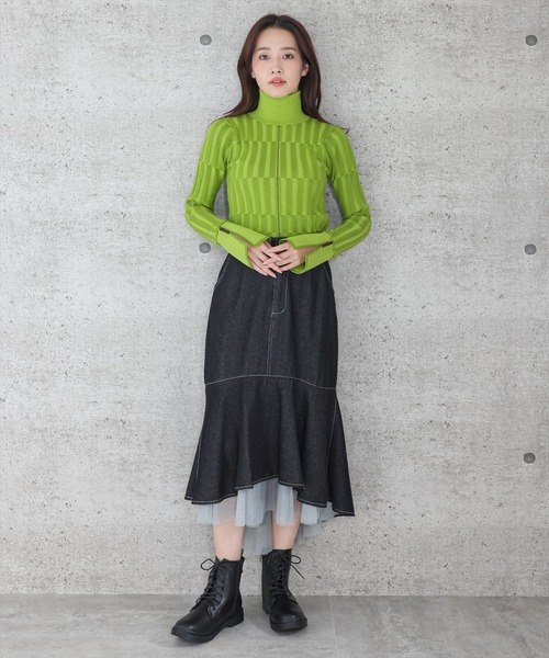 clear（クリア）の「スリットスリーブチェッカーニットトップス（ニット/セーター・レディース・グリーン/マスタード/ブラウン・F）」の15枚目の写真