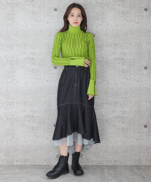 clear（クリア）の「スリットスリーブチェッカーニットトップス（ニット/セーター・レディース・グリーン/マスタード/ブラウン・F）」の16枚目の写真