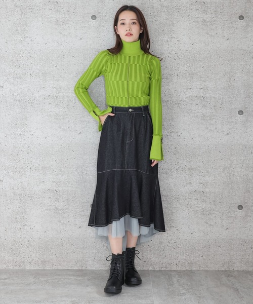 clear（クリア）の「スリットスリーブチェッカーニットトップス（ニット/セーター・レディース・グリーン/マスタード/ブラウン・F）」の17枚目の写真