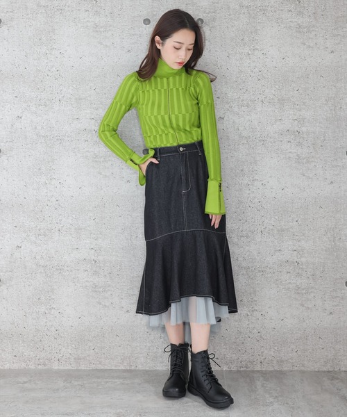 clear（クリア）の「スリットスリーブチェッカーニットトップス（ニット/セーター・レディース・グリーン/マスタード/ブラウン・F）」の18枚目の写真