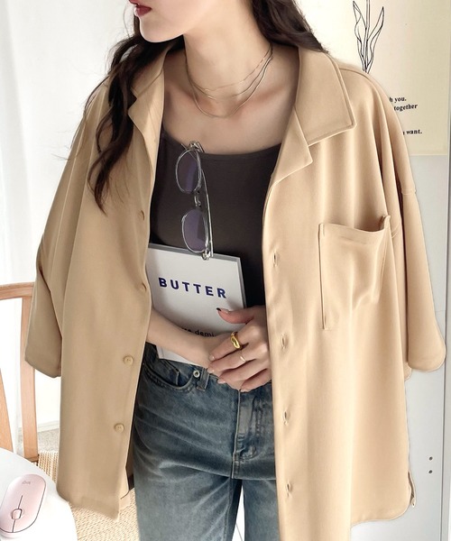 classicalelf（クラシカルエルフ）の「上級者のセットアップ。メンズライク開襟シャツ（シャツ/ブラウス・レディース・モカ/ブラック/カーキ・LARGE/MEDIUM/SMALL/X-LARGE）」の2枚目の写真