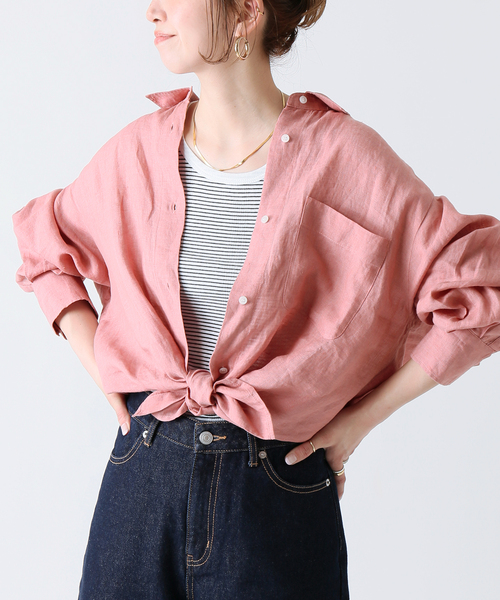 B.C STOCK（ベーセーストック）の「ヨーロピアンフラックスリネンレギュラーシャツ（シャツ/ブラウス・レディース・ブラック/サックスブルー/ピンク/アイボリー・FREE）」の4枚目の写真