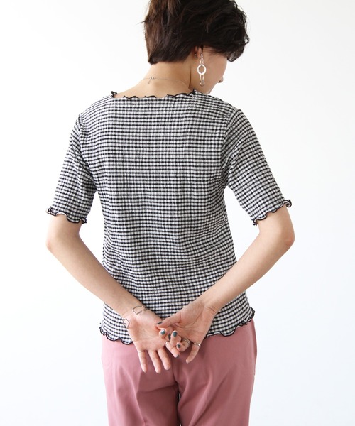 GeeRA（ジーラ）の「ギンガムチェックワッシャー袖トップス（Tシャツ/カットソー・レディース・ブラック/グリーン/イエロー・MEDIUM）」の9枚目の写真