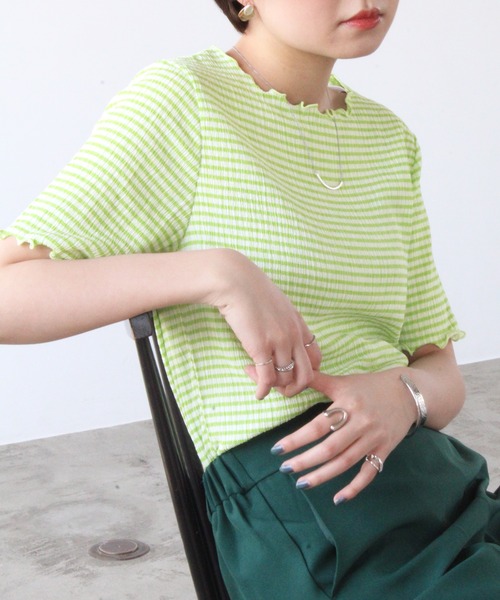 GeeRA（ジーラ）の「ギンガムチェックワッシャー袖トップス（Tシャツ/カットソー・レディース・ブラック/グリーン/イエロー・MEDIUM）」の10枚目の写真