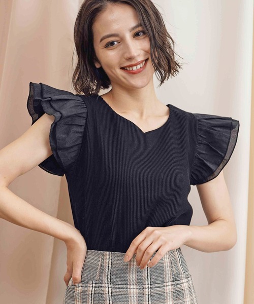 NOELA（ノエラ）の「袖フリル異素材カットソー（Tシャツ/カットソー・レディース・ブラック/ブラウン/ピンク・フリー）」の4枚目の写真