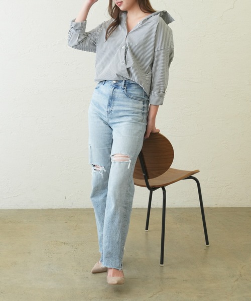 OUVRAGE CLASSE(ウヴラージュクラス)の「ストレッチカシュクールシャツ(シャツ/ブラウス・レディース・サックスブルー/ストライプ/ホワイト・FREE)」の20枚目の写真