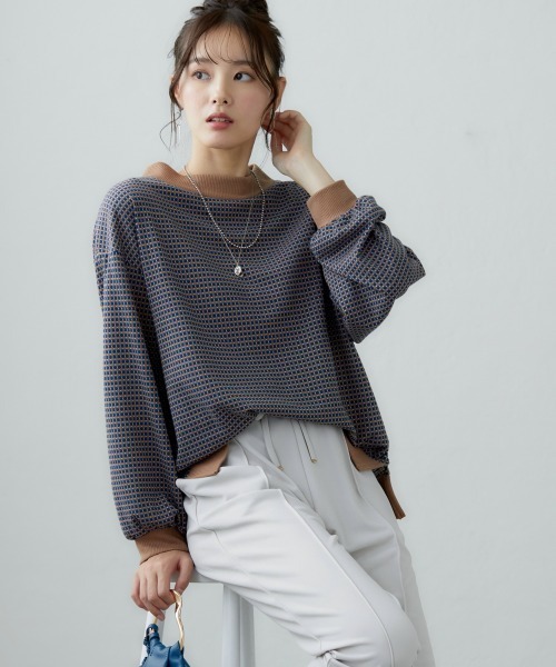 miclat(ミクラ)の「大きいサイズ ドットジャガードプルオーバー miclat(Tシャツ/カットソー・レディース・ブルー系/ブラウン系・L/LL/3L/4L/5L)」の4枚目の写真