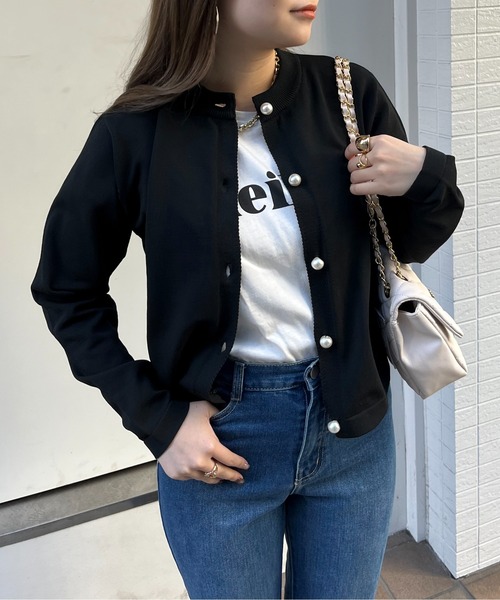 prose verse（プロズヴェール）の「パールボタンコンパクトニットカーデ（カーディガン/ボレロ・レディース・ブラック/グリーン/オフホワイト・ﾌﾘ-）」の3枚目の写真