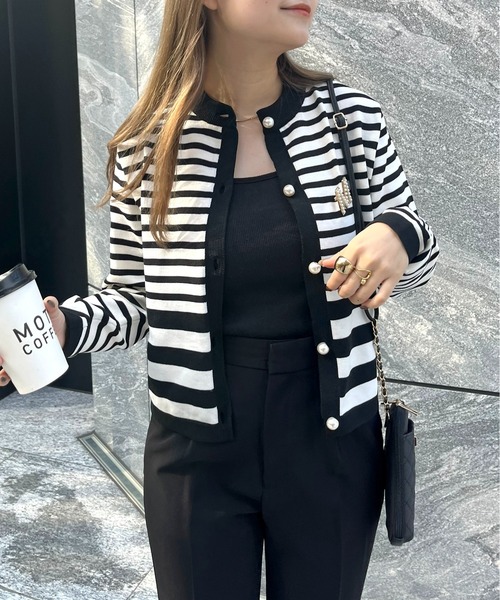 prose verse（プロズヴェール）の「パールボタンコンパクトニットカーデ（カーディガン/ボレロ・レディース・ブラック/グリーン/オフホワイト・ﾌﾘ-）」の4枚目の写真