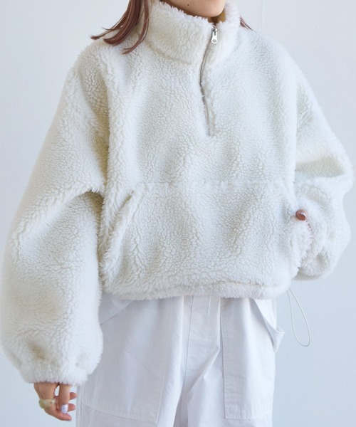 w closet（ダブルクローゼット）の「ショート丈ハーフジップボアジャケット（スウェット・レディース・オフホワイト/グリーン/オレンジ系・FREE）」の8枚目の写真