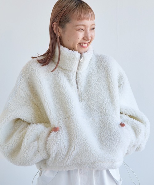 w closet（ダブルクローゼット）の「ショート丈ハーフジップボアジャケット（スウェット・レディース・オフホワイト/グリーン/オレンジ系・FREE）」の10枚目の写真