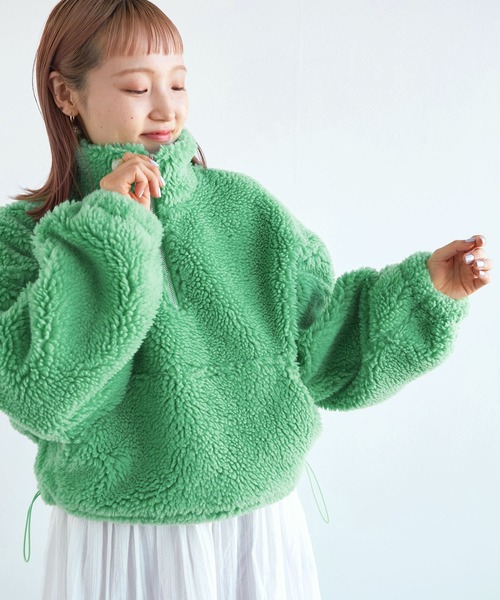 w closet（ダブルクローゼット）の「ショート丈ハーフジップボアジャケット（スウェット・レディース・オフホワイト/グリーン/オレンジ系・FREE）」の19枚目の写真