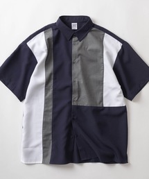make a ray!（メイク ア レイ！）の「異素材 ブロック＆ライン切り替えデザイン レギュラーカラー半袖シャツ/布帛異素材 切り替え とろみシャツ/ビッグシルエット（シャツ/ブラウス・メンズ）」