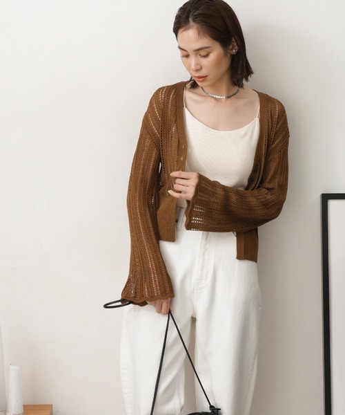 NANO universe（ナノユニバース）の「LB.03/メッシュ透かし編みカーディガン（カーディガン/ボレロ・レディース・ブラック/ブラウン/オフホワイト・S/M）」の16枚目の写真