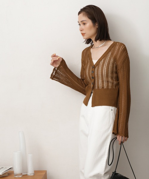NANO universe（ナノユニバース）の「LB.03/メッシュ透かし編みカーディガン（カーディガン/ボレロ・レディース・ブラック/ブラウン/オフホワイト・S/M）」の17枚目の写真