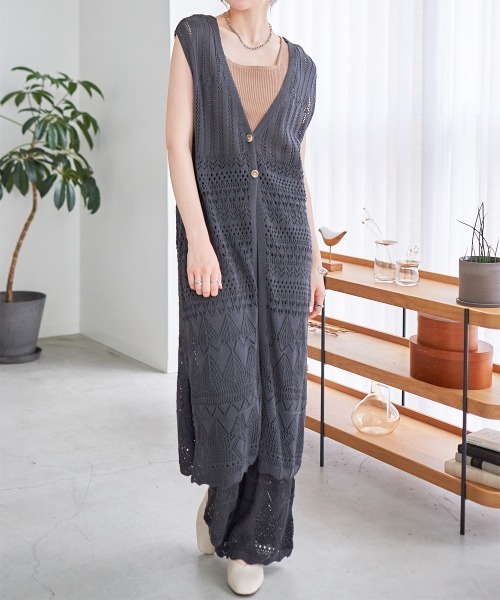 未使用タグ付き　M&KYOKO 佐藤繊維　透かし編みロングジレ　フリー Rejoule（リジュール）の「前後2WAY透かし編みロングジレ