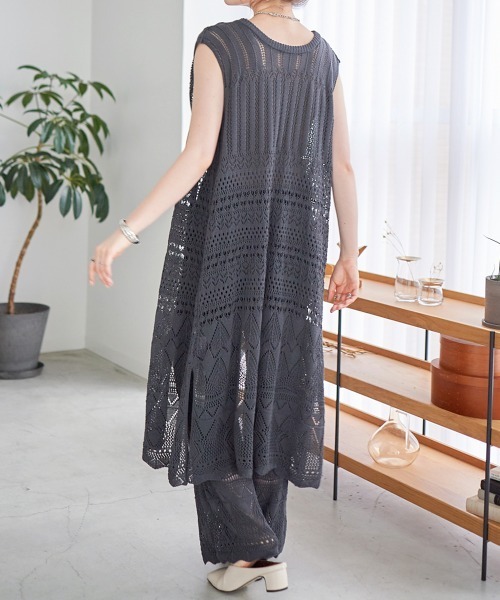 未使用タグ付き　M&KYOKO 佐藤繊維　透かし編みロングジレ　フリー Trish ベスト ジレ 透かし編み前ボタンロングジレ レディース
