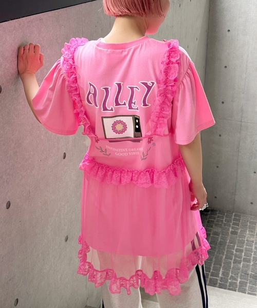 Alley by w closet（アリーバイダブルクローゼット）の「【SETアイテム/Alley】フレアスリーブプリントチュニック&フリルチュールワンピース（チュニック・レディース・ピンク/スミクロ/オフホワイト・FREE）」の6枚目の写真