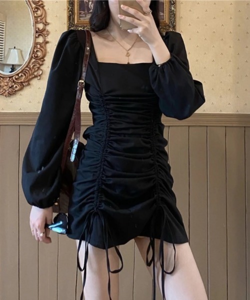 おしゃれスタ(オシャレスタ)の「ガーリーギャザーワンピース(ワンピース・レディース・ブラック/クリーム・L/XL/M/S)」の2枚目の写真