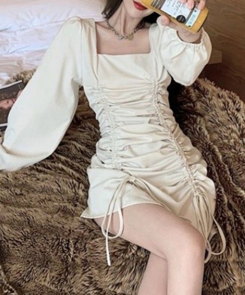 おしゃれスタ(オシャレスタ)の「ガーリーギャザーワンピース(ワンピース・レディース・ブラック/クリーム・L/XL/M/S)」の5枚目の写真