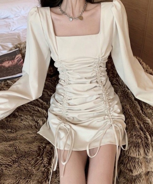 おしゃれスタ(オシャレスタ)の「ガーリーギャザーワンピース(ワンピース・レディース・ブラック/クリーム・L/XL/M/S)」の6枚目の写真
