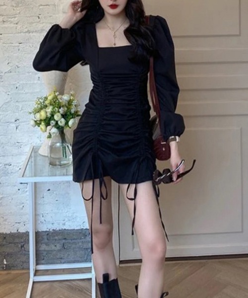 おしゃれスタ(オシャレスタ)の「ガーリーギャザーワンピース(ワンピース・レディース・ブラック/クリーム・L/XL/M/S)」の9枚目の写真
