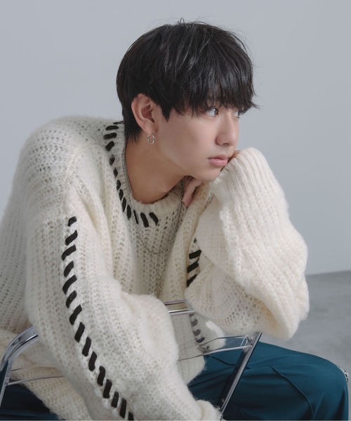 Ellno Loset（エルノロゼット）の「ハンドステッチシャギーニット（ニット/セーター・メンズ・ブラック/オフホワイト/パープル・MEDIUM/SMALL/LARGE）」の2枚目の写真