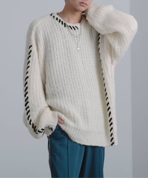 Ellno Loset（エルノロゼット）の「ハンドステッチシャギーニット（ニット/セーター・メンズ・ブラック/オフホワイト/パープル・MEDIUM/SMALL/LARGE）」の4枚目の写真