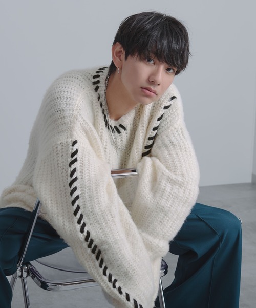 Ellno Loset（エルノロゼット）の「ハンドステッチシャギーニット（ニット/セーター・メンズ・ブラック/オフホワイト/パープル・MEDIUM/SMALL/LARGE）」の5枚目の写真